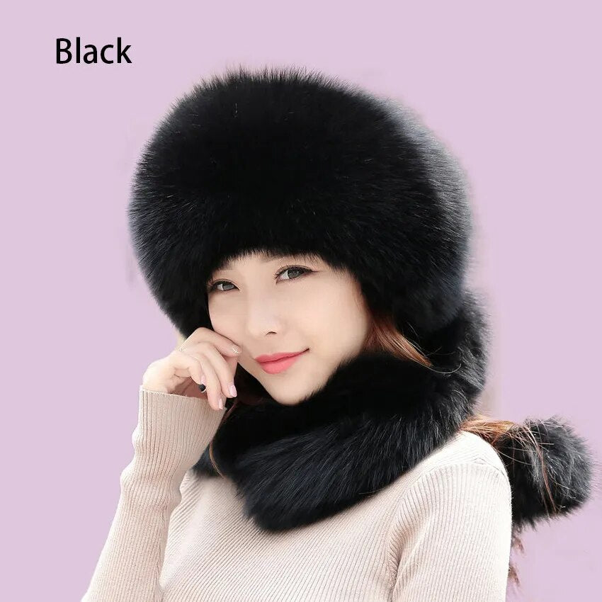 Women Winter Fur Hat Long Fox Fur Scarf Luxury Russian Thick Warm Hat Girl Flully Soft Snow Hats With Pom Pom