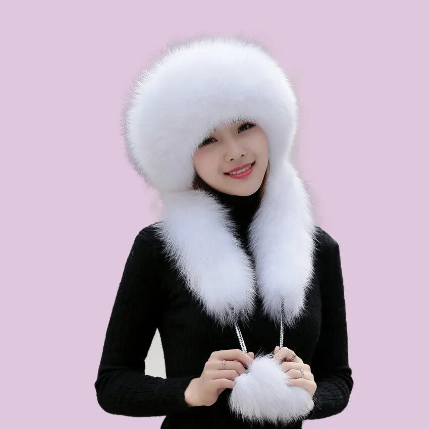 Women Winter Fur Hat Long Fox Fur Scarf Luxury Russian Thick Warm Hat Girl Flully Soft Snow Hats With Pom Pom