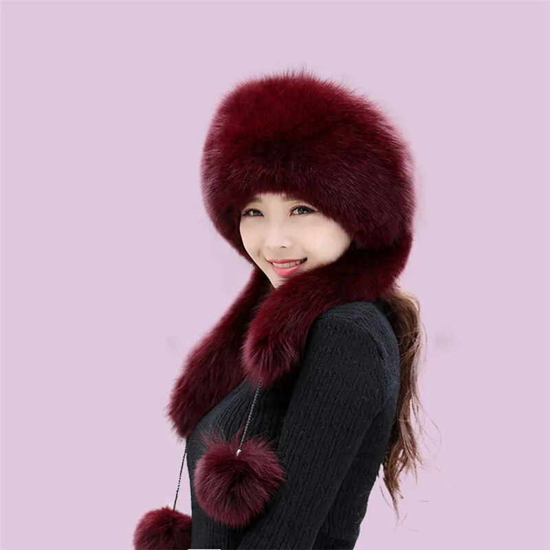 Women Winter Fur Hat Long Fox Fur Scarf Luxury Russian Thick Warm Hat Girl Flully Soft Snow Hats With Pom Pom