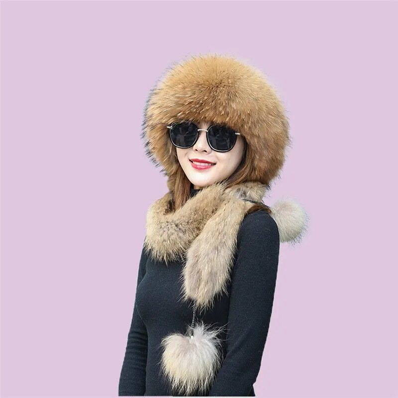 Women Winter Fur Hat Long Fox Fur Scarf Luxury Russian Thick Warm Hat Girl Flully Soft Snow Hats With Pom Pom