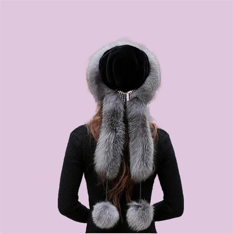 Women Winter Fur Hat Long Fox Fur Scarf Luxury Russian Thick Warm Hat Girl Flully Soft Snow Hats With Pom Pom